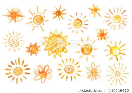Vector hand drawn watercolor suns set. Creative doodle vector elements, sun shapes with artistic aquarelle stains, yellow and orange fire colours. Design collection. 116316410