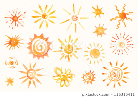Vector hand drawn watercolor suns set. Creative doodle elements, sun shapes with artistic aquarelle stains, yellow and orange fire colours. Design collection. 116316411