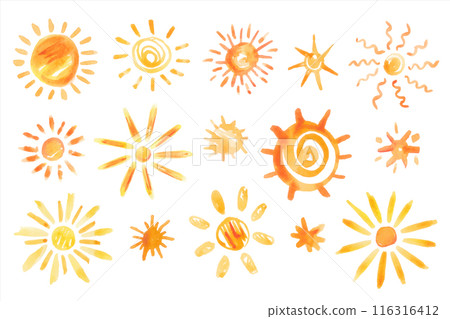 Vector hand drawn watercolor suns set. Creative doodle elements, sun shapes with artistic aquarelle stains, yellow and orange fire colours. Design collection. Vector hand drawn watercolor suns set. Creative doodle elements, sun shapes with artistic aquarelle stains, yellow and orange fire colours. Design collection. 116316412