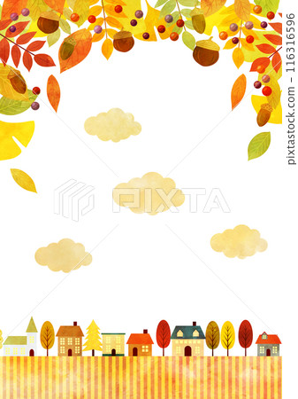 秋葉，郊區城市景觀，秋天，插畫，背景，水彩，可愛，條紋，垂直 116316596