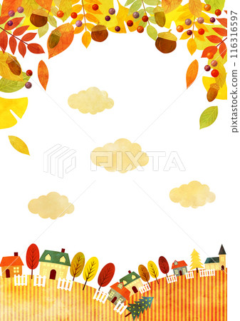 Autumn leaves, rural townscape, autumn, illustration, background, watercolor, cute, striped, vertical 116316597