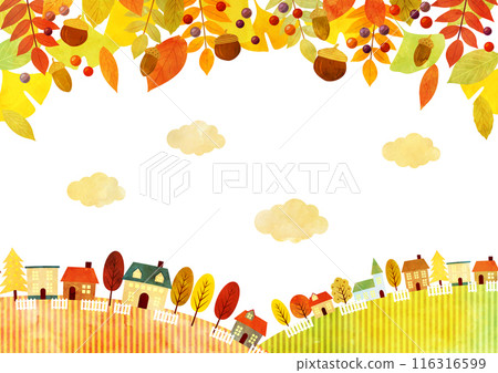 秋葉，鄉村城市景觀，秋天，插圖，背景，水彩，可愛，條紋，水平 116316599