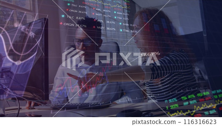 Image of graphs and trading boards over diverse coworkers discussing reports on computer 116316623