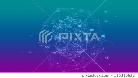 Image of numbers around connected dots forming globes over gradient background Image of numbers around connected dots forming globes over gradient background 116316628
