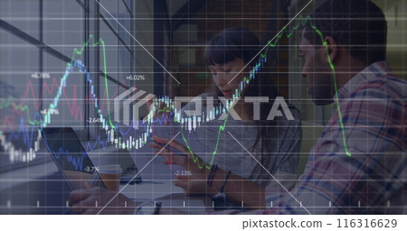 Image of multiple graphs with changing numbers, diverse coworkers discussing reports on laptop Image of multiple graphs with changing numbers, diverse coworkers discussing reports on laptop 116316629