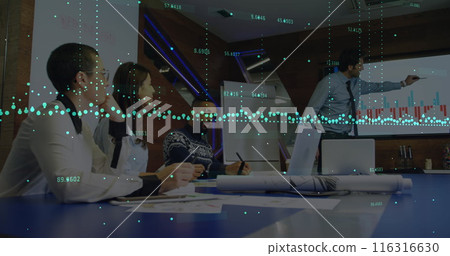 Image of graphs with changing numbers, diverse manager explaining reports on screen in office Image of graphs with changing numbers, diverse manager explaining reports on screen in office 116316630