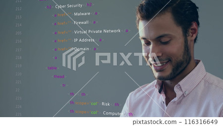 Image of multicolored computer language over smiling biracial man working on laptop 116316649