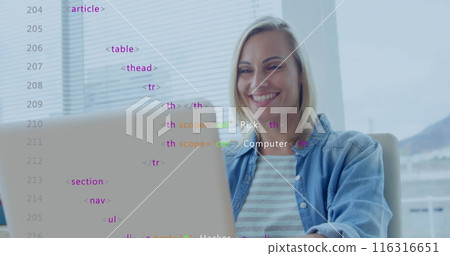 Image of multicolored computer language, caucasian woman closing laptop lid after finishing work 116316651