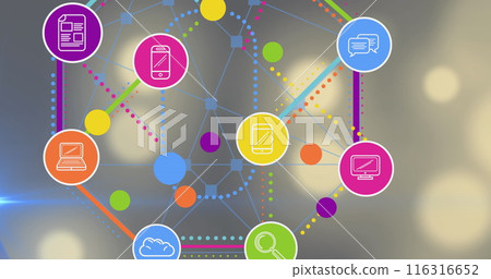 Image of colourful mobile application icons connecting with lines on lens flare 116316652
