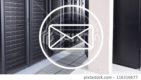 Image of envelope in circle over data server racks in server room Image of envelope in circle over data server racks in server room 116316677