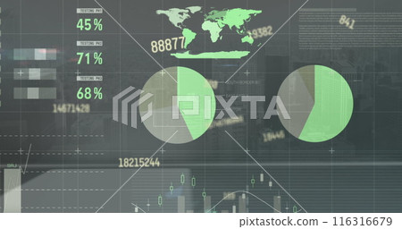 Image of changing numbers with infographic interface over modern city against sky 116316679