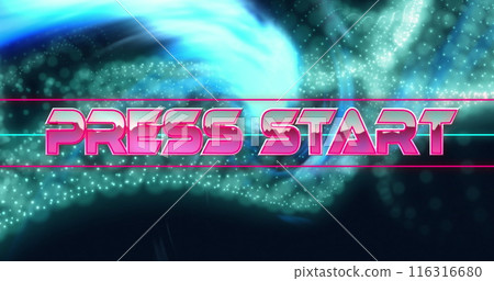 Image of press start text between lines over dynamic wave patterns against abstract background 116316680