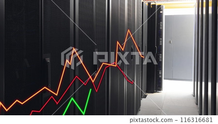 Image of illuminated graphs over data server racks in data server room Image of illuminated graphs over data server racks in data server room 116316681