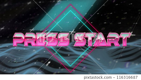 Image of press start text on rhombuses and wave pattern over black background 116316687