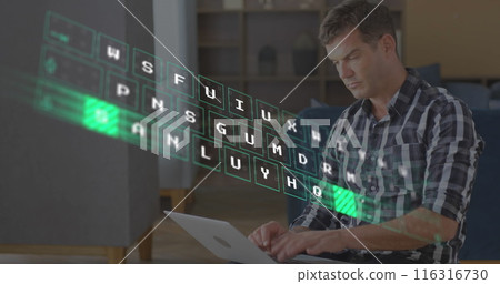 Image of illuminated pattern moving on keyboard over caucasian man working on laptop 116316730