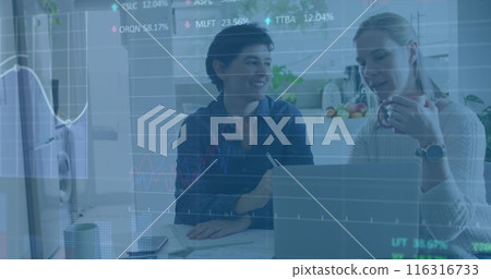 Image of multiple graphs, trading board, caucasian female analyzing reports on laptop 116316733