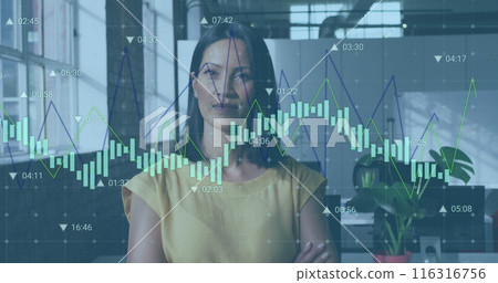 Image of statistical data processing against portrait of biracial woman smiling at office 116316756