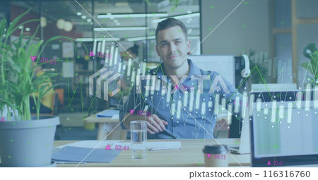 Image of statistical data processing against portrait of caucasian man smiling at office Image of statistical data processing against portrait of caucasian man smiling at office 116316760