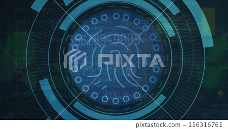 Image of biometric fingerprint scanner against spinning globe and data processing Image of biometric fingerprint scanner against spinning globe and data processing 116316761