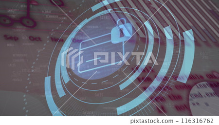 Image of security padlock icon over round scanner against statistical data processing 116316762