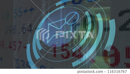 Image of message block icon on round scanner, stock market data processing against server room Image of message block icon on round scanner, stock market data processing against server room 116316767