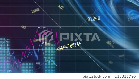 Image of changing numbers against neon round scanner and statistical data processing Image of changing numbers against neon round scanner and statistical data processing 116316780