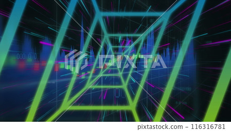 Image of neon tunnel, light trails in seamless pattern and data processing on black background Image of neon tunnel, light trails in seamless pattern and data processing on black background 116316781