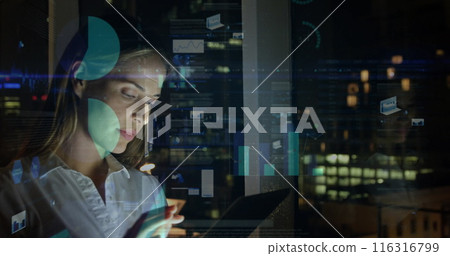 Image of statistical data processing over caucasian woman using tablet working late at office 116316799