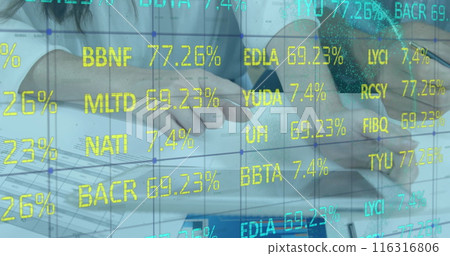Image of trading board over midsection of diverse coworkers discussing on desk in office Image of trading board over midsection of diverse coworkers discussing on desk in office 116316806