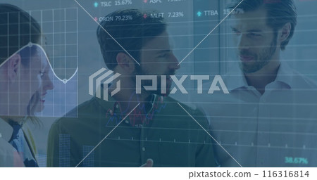 Image of statistical, stock market data processing over diverse colleagues discussing at office 116316814