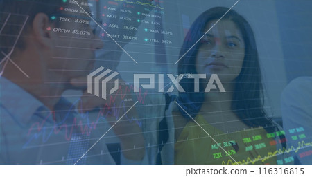 Image of stock market data processing against diverse man and woman discussing at office 116316815