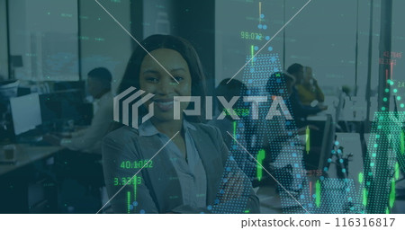 Image of financial data processing against portrait of african ameircan woman smiling at office 116316817