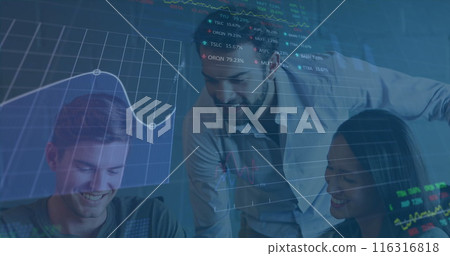 Image of stock market data processing against diverse colleagues discussing together at office 116316818
