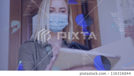 Image of data processing over caucasian woman with face mask taking package 116316844