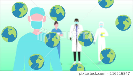 Image of falling globe icons over hospital staff 116316847