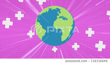 Image of globe over falling crosses on pink background 116316849