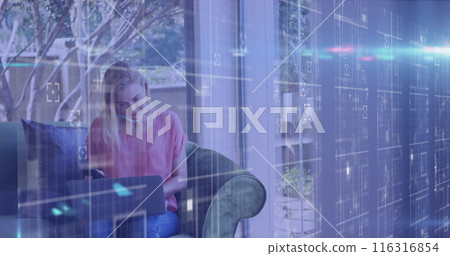 Image of data processing over caucasian woman with face mask using laptop 116316854
