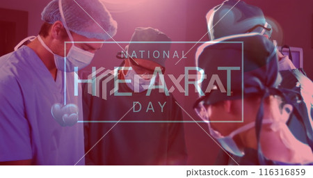 Image of national heart day text over diverse surgeons Image of national heart day text over diverse surgeons 116316859