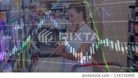 Image of data processing over caucasian woman in shop Image of data processing over caucasian woman in shop 116316860
