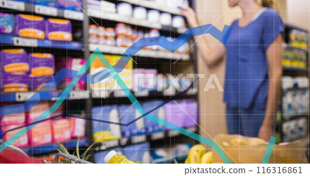 Image of data processing over caucasian woman with trolley in shop 116316861