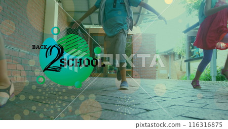 Image of dots and back 2 school over caucasian pupils running Image of dots and back 2 school over caucasian pupils running 116316875