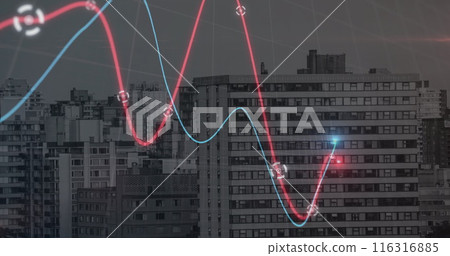 Neon statistical data processing against tall buildings in the city 116316885