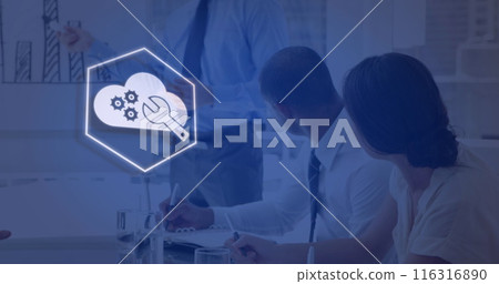 Image of financial icons over diverse group of business people Image of financial icons over diverse group of business people 116316890