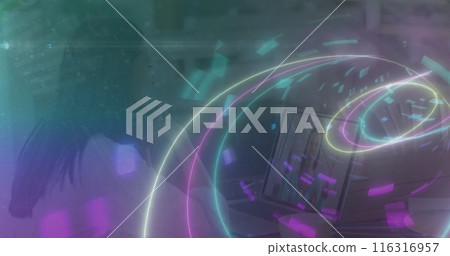 Image of network of connections and tunnel over caucasian woman using laptop 116316957