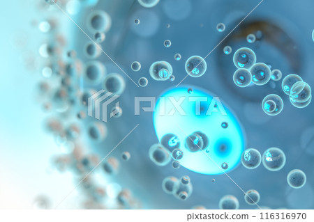 Blue atom spheres with bubbles on the surface, 3d Blue atom spheres with bubbles on the surface, 3d 116316970