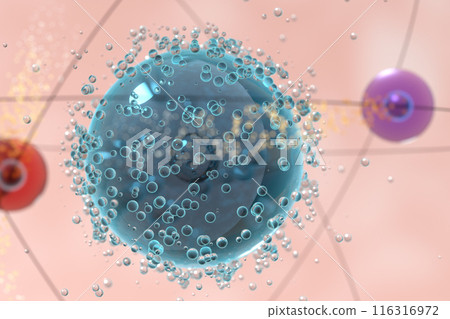 Atom spheres with pink organic background, 3d Atom spheres with pink organic background, 3d 116316972
