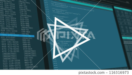 Image of triangle rotating over data processing on computer screens Image of triangle rotating over data processing on computer screens 116316973