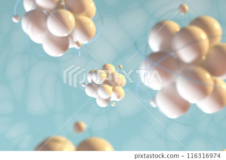 Atom spheres with cyan organic background, 3d Atom spheres with cyan organic background, 3d 116316974