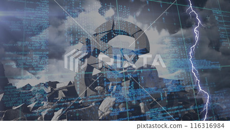 Image of data processing over flashes and euro made of stone 116316984