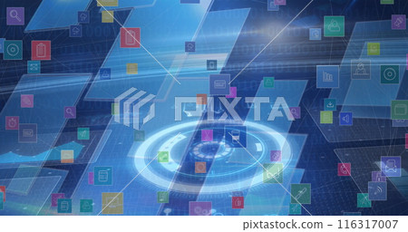 Image of icons and diverse data on blue digital screen Image of icons and diverse data on blue digital screen 116317007